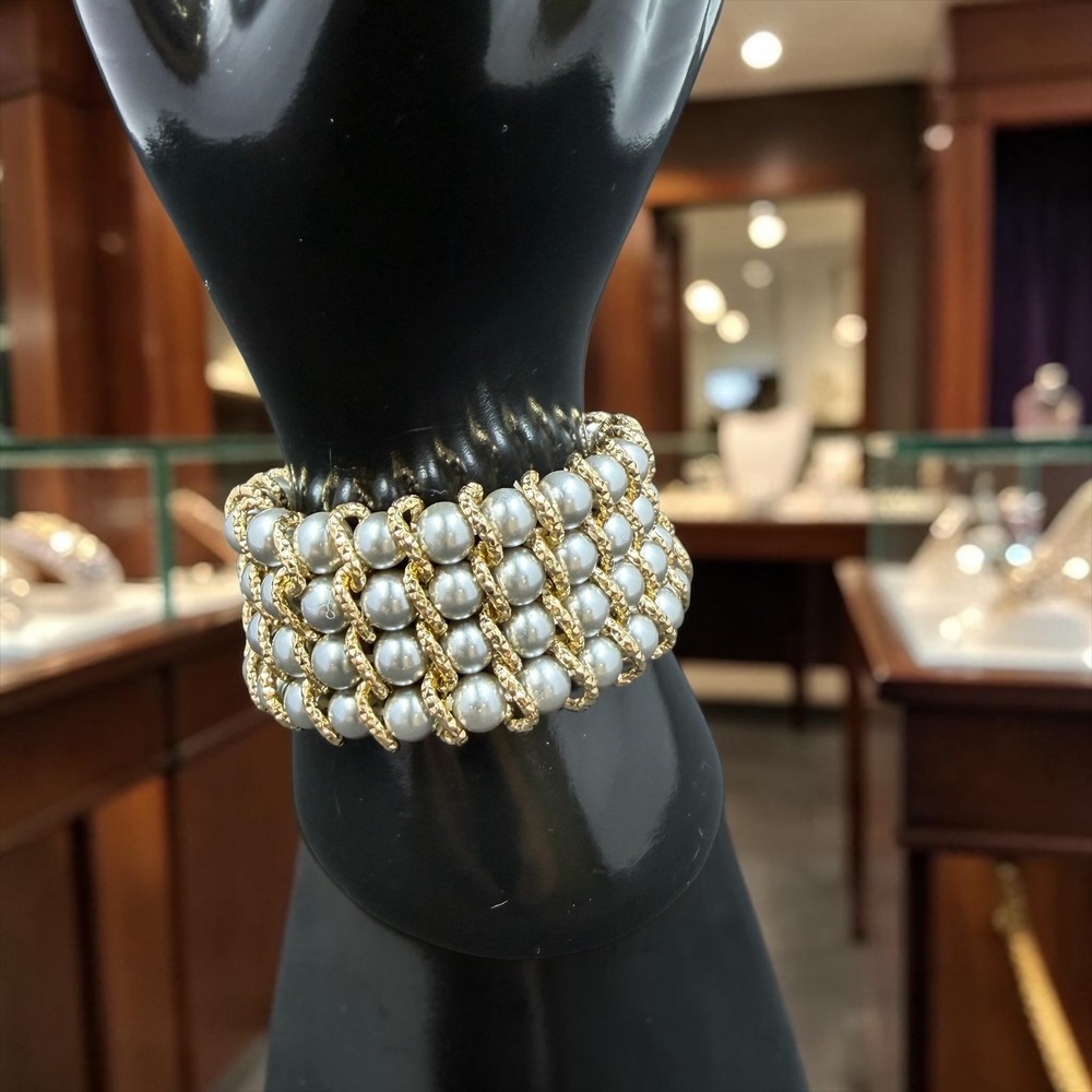 Wide Silver Gray Faux Pearl Gold Tone Stretch Cuff Bracelet Chunky Statement NWT